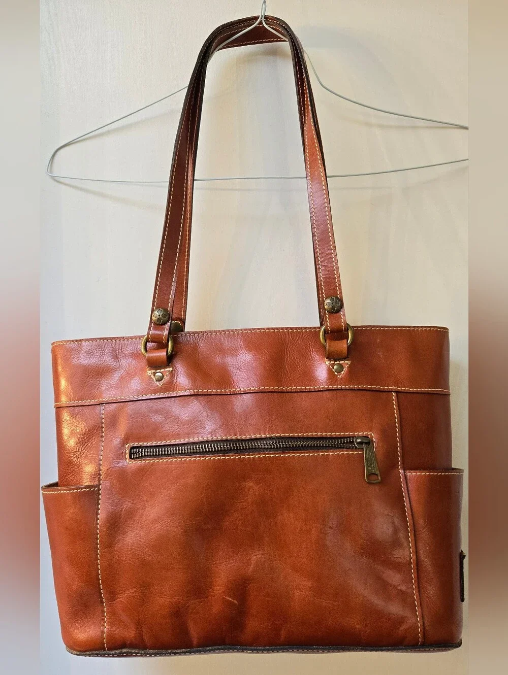 Patricia Nash Brown Italian Leather Tote Shoulder Bag Cognac Multi Pocket Large